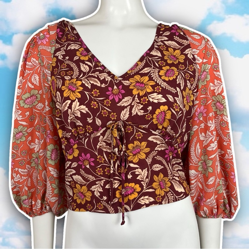 💜 NWT SIENNA SKY Mismatched Boho Floral Babydoll Cropped Peasant Top Festival